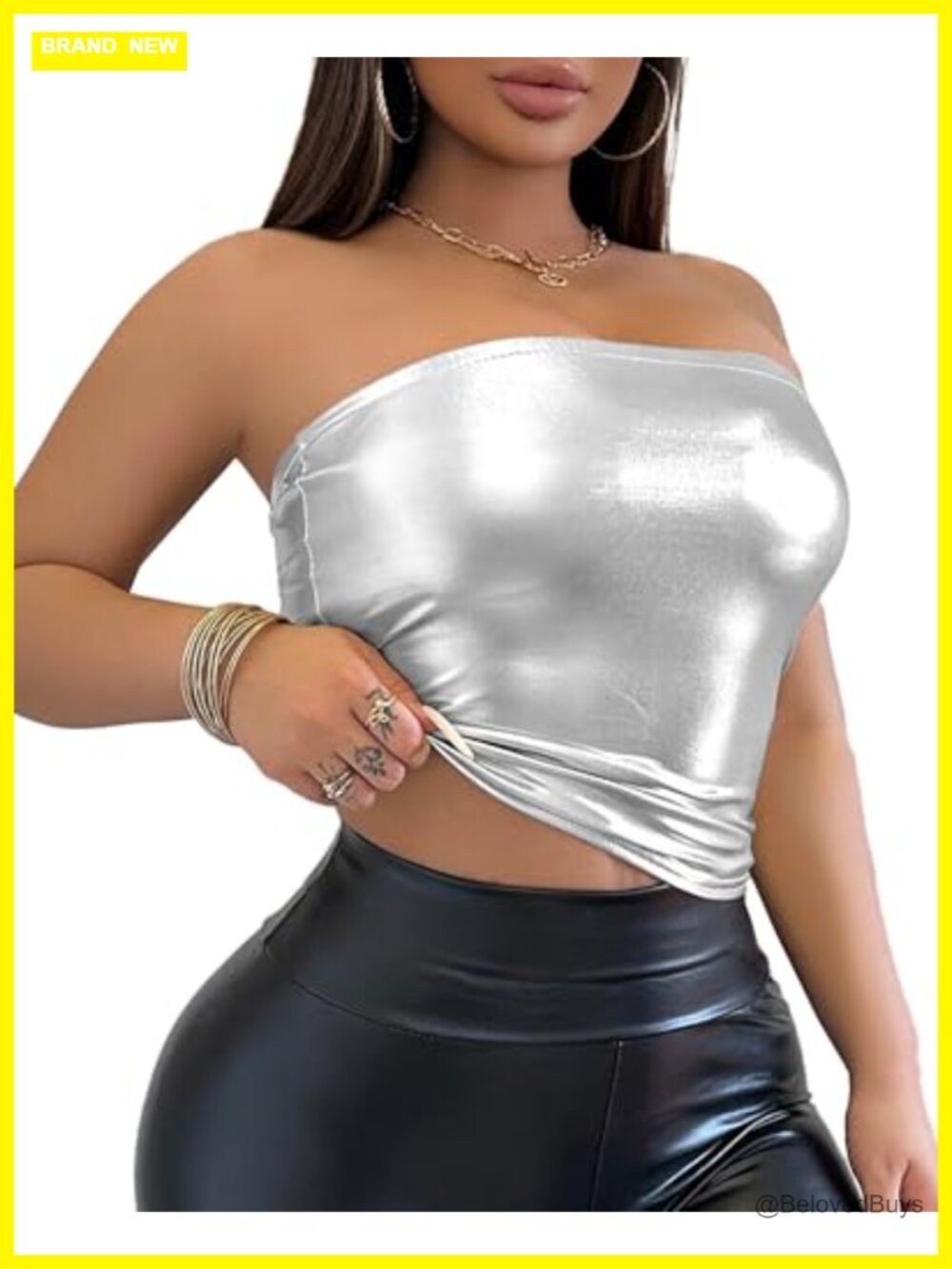 Metallic Tube Top Stretchy Strapless Bandeau Crop Clubwear Party Festival